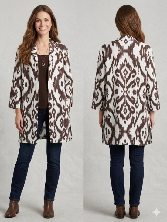 Chico's Jackets & Blazers - Chico's 100% Linen Topper Jacket Sz 2 L Large Brown White Ikat Boho Lagenlook